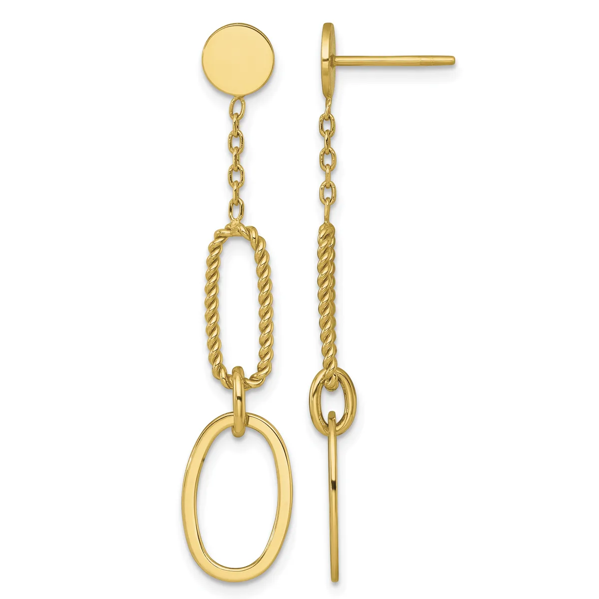 Pair of gold dangle earrings with a flat circular post top, chain, twisted oval loop, and elongated oval drop, shown from front and back views.