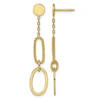 Pair of gold dangle earrings with a flat circular post top, chain, twisted oval loop, and elongated oval drop, shown from front and back views.