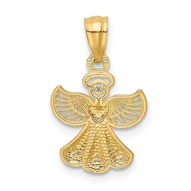 Gold pendant featuring an angel with outstretched wings, a halo, and a textured dress, suspended from a bail loop.