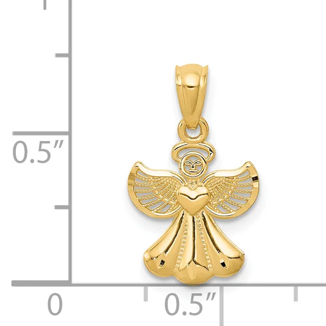 Gold angel pendant with outstretched wings, heart-shaped body, and smiling face, shown next to a measurement scale indicating approximately half an inch in height.