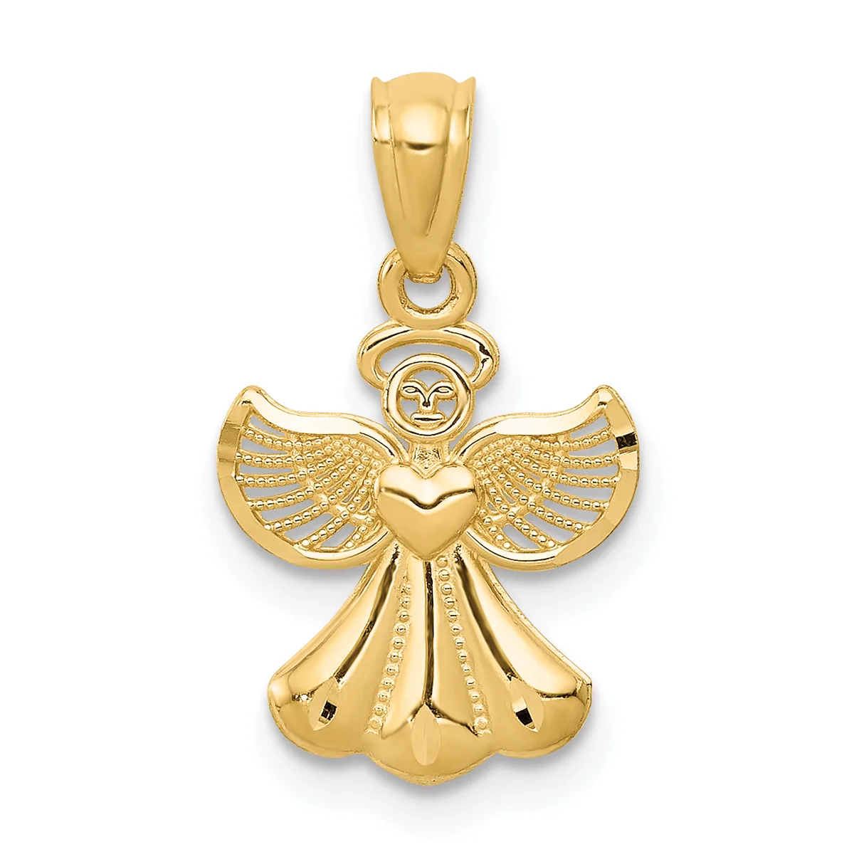 Gold angel pendant with outstretched wings, a heart on the chest, and a smiling face with a halo, shown hanging from a bail against a white background.