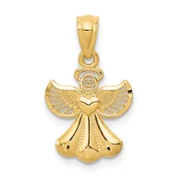 Gold angel pendant with outstretched wings, a heart on the chest, and a smiling face with a halo, shown hanging from a bail against a white background.