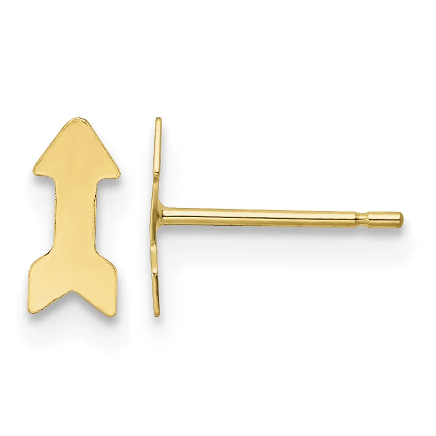 A pair of gold arrow-shaped stud earrings shown from the front and side view, displaying the post and backing.