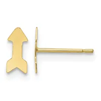 A pair of gold arrow-shaped stud earrings shown from the front and side view, displaying the post and backing.