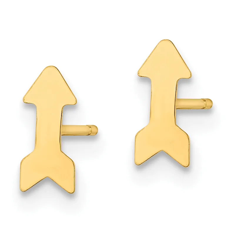 A pair of gold arrow-shaped stud earrings with posts and backs, displayed against a white background.