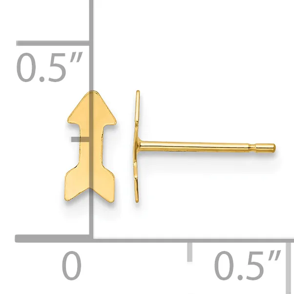 Gold arrow-shaped stud earrings shown front and side view on a measurement scale indicating approximately 0.5 inches in height.