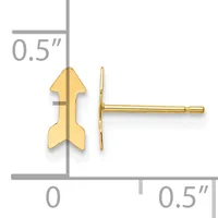 Gold arrow-shaped stud earrings shown front and side view on a measurement scale indicating approximately 0.5 inches in height.