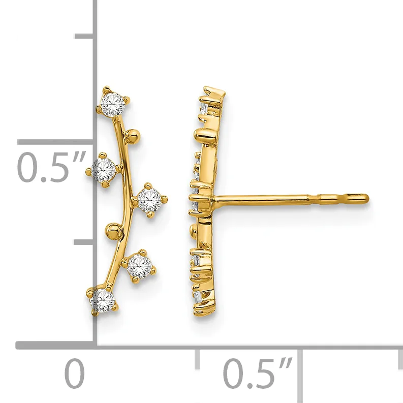 Gold earrings with five round cubic zirconia stones arranged along a curved branch design, shown from front and side views with a measurement scale.