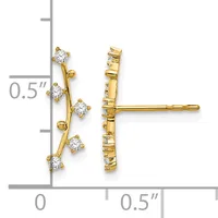 Gold earrings with five round cubic zirconia stones arranged along a curved branch design, shown from front and side views with a measurement scale.