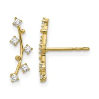 Pair of gold stud earrings with curved branches featuring multiple round cubic zirconia stones, shown from front and back views.