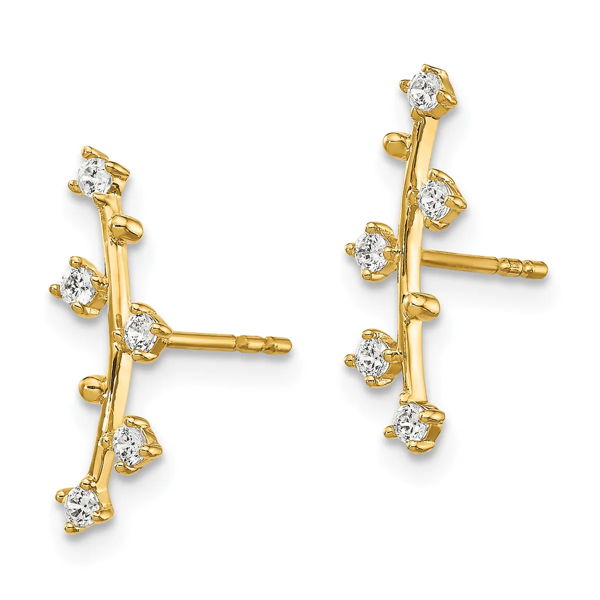 Pair of gold stud earrings with curved branches featuring multiple round white diamonds set in gold prongs along the length.