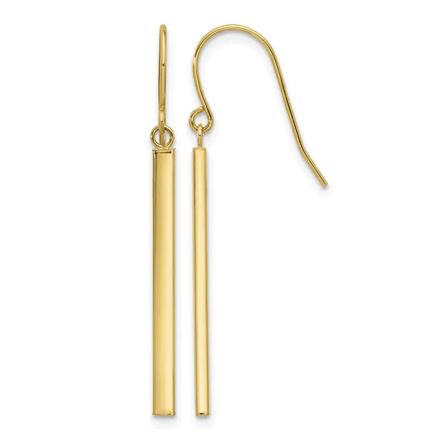 Pair of gold cylindrical tube earrings hanging from a curved ear wire hook, shown against a white background.