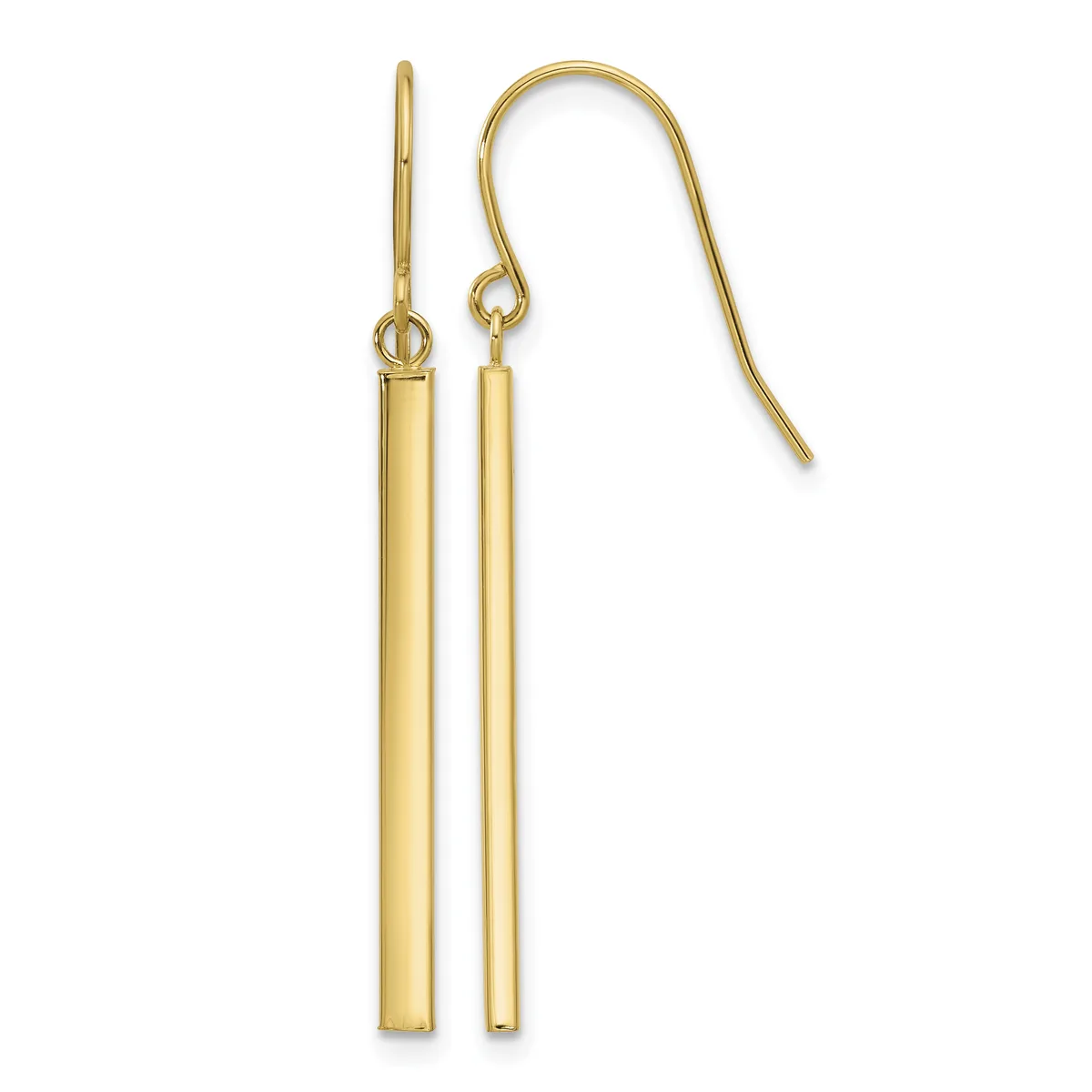 Pair of gold cylindrical tube earrings hanging from a curved ear wire hook, shown against a white background.