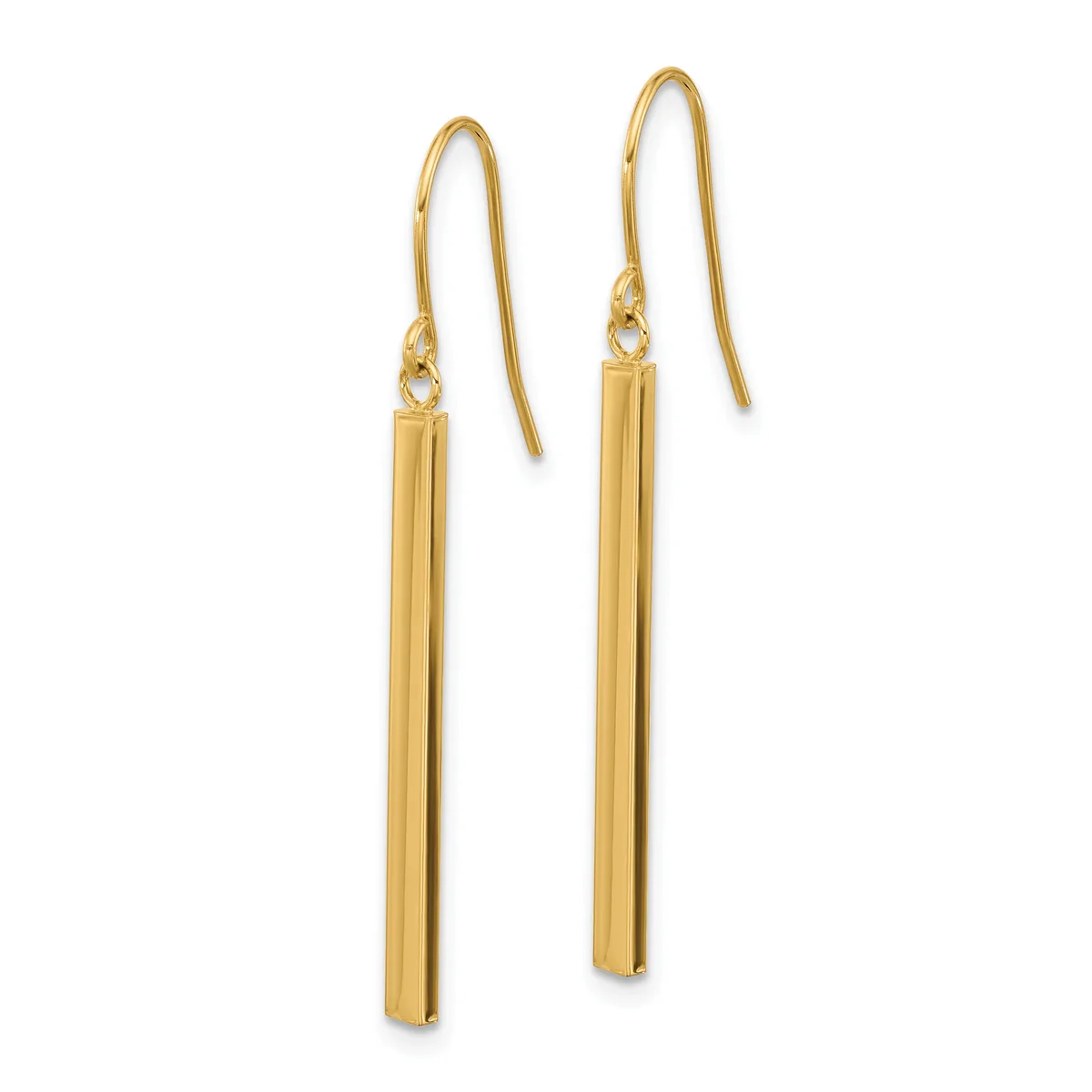 A pair of gold-colored drop earrings with long cylindrical pendants hanging from curved ear wires with decorative loop details.