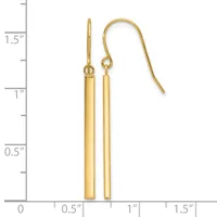 A pair of gold-colored cylindrical tube earrings with matching fish hook ear wires, displayed against a ruler showing approximately 1.5 inches in length.