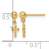 Pair of gold ball stud earrings with dangling beaded cross charms, shown with measurement scale indicating approximately 0.5 inches in length.