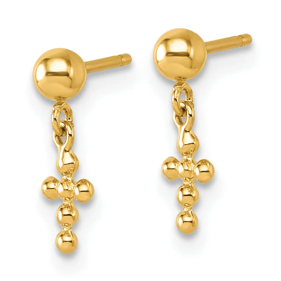 Pair of gold-colored ball stud earrings with dangling cross charms made of small spheres, shown from the front against a white background.