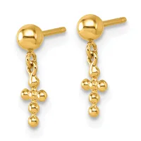 Pair of gold-colored ball stud earrings with dangling cross charms made of small spheres, shown from the front against a white background.