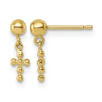 Pair of gold stud earrings with ball posts and dangling cross charms made of small spheres connected by jump rings.