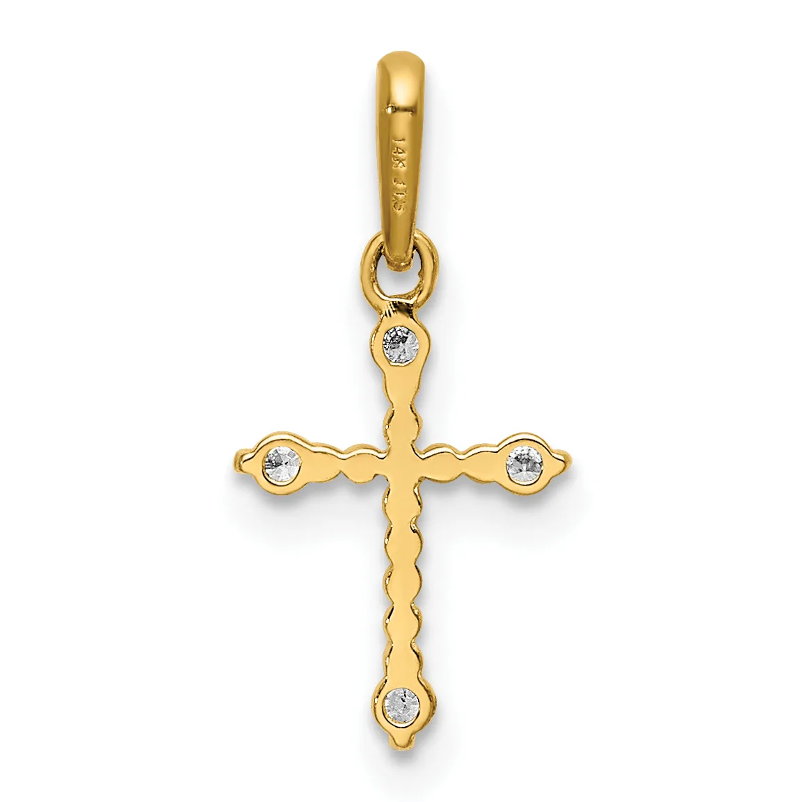 Gold cross pendant with cubic zirconia stones at each end and center, suspended from a gold bail with small hallmark.