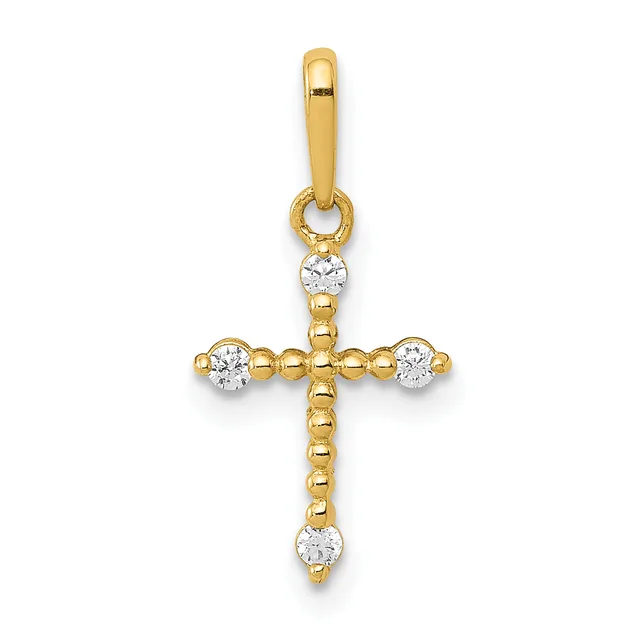 Gold cross pendant with beaded edges and four round cubic zirconia stones set at the cardinal points, suspended from a gold bail.