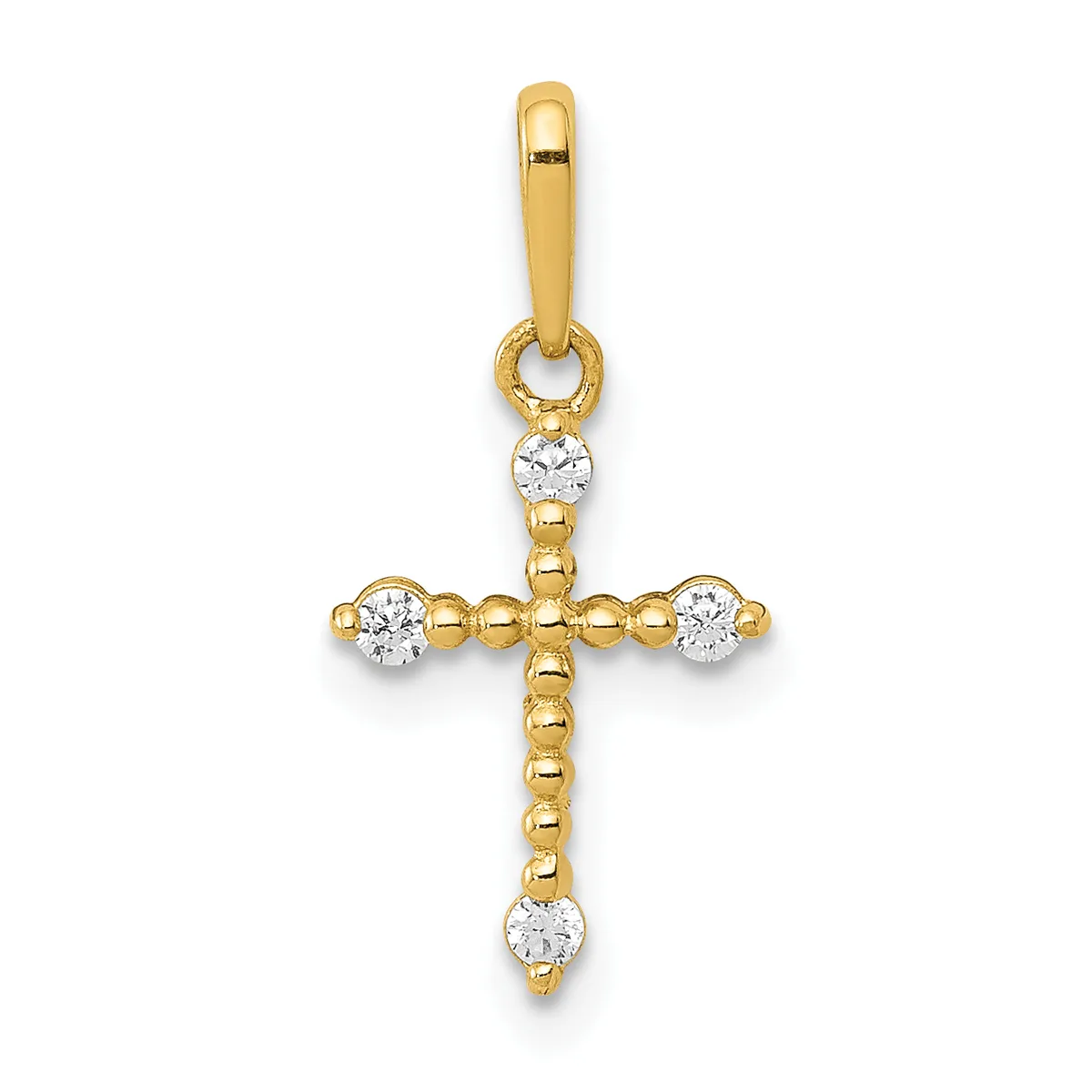 Gold cross pendant with beaded edges and four round cubic zirconia stones set at the cardinal points, suspended from a gold bail.