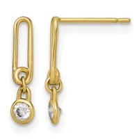 Pair of gold drop earrings with elongated oval loops at the top and small round clear gemstones suspended below, shown from front and side views.