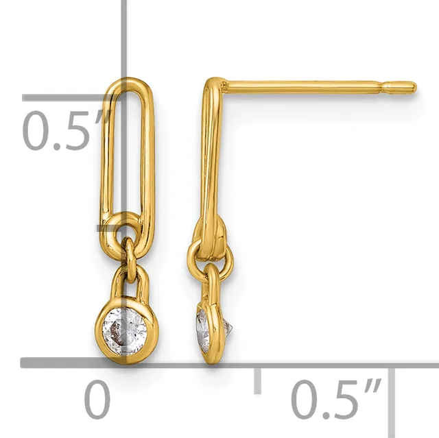 Gold plated drop earrings with oval tops and small round cubic zirconia stones hanging below, shown next to a ruler measuring approximately half inch in length.
