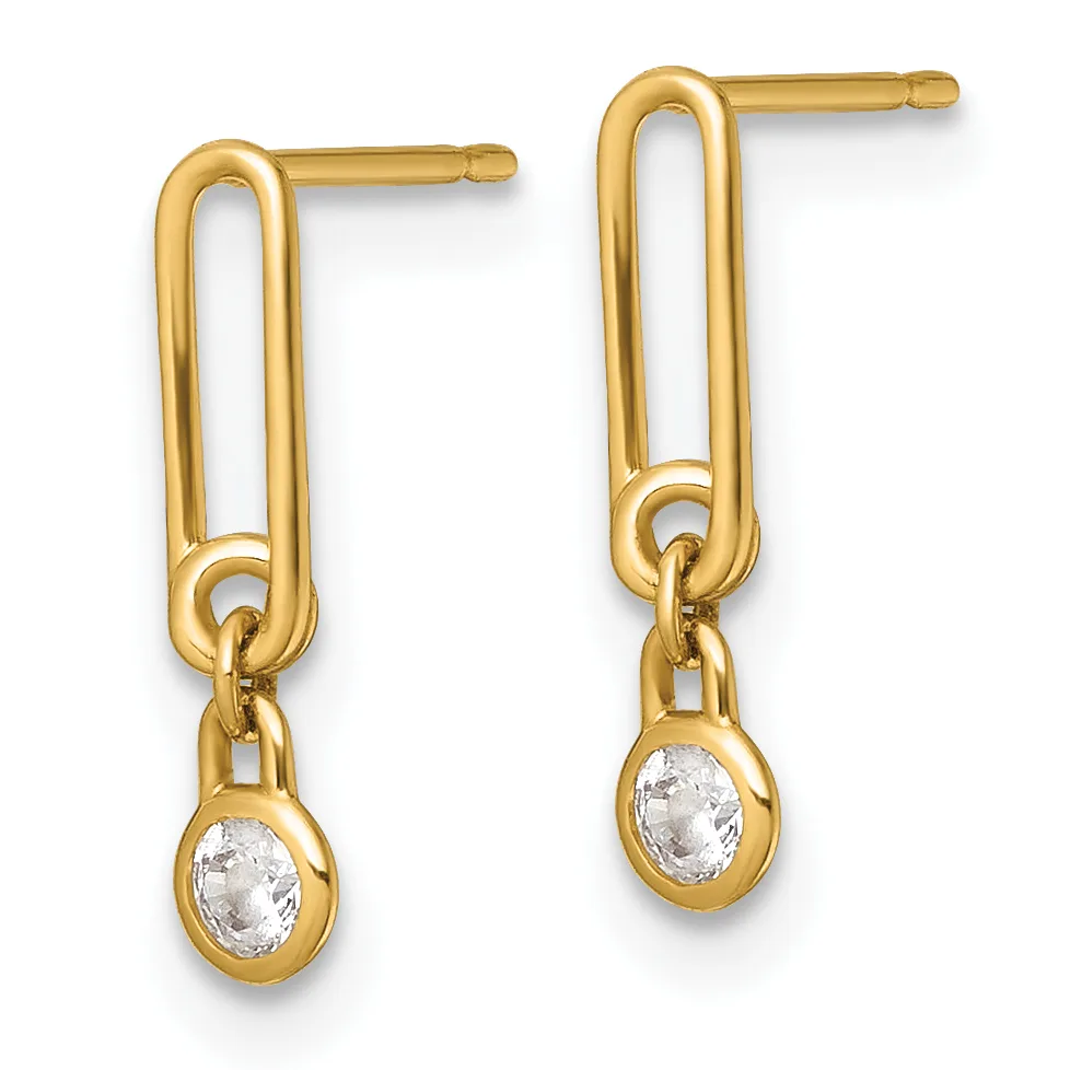 Pair of gold drop earrings with oval-shaped loops at top and small round clear gemstones suspended below on post backs.