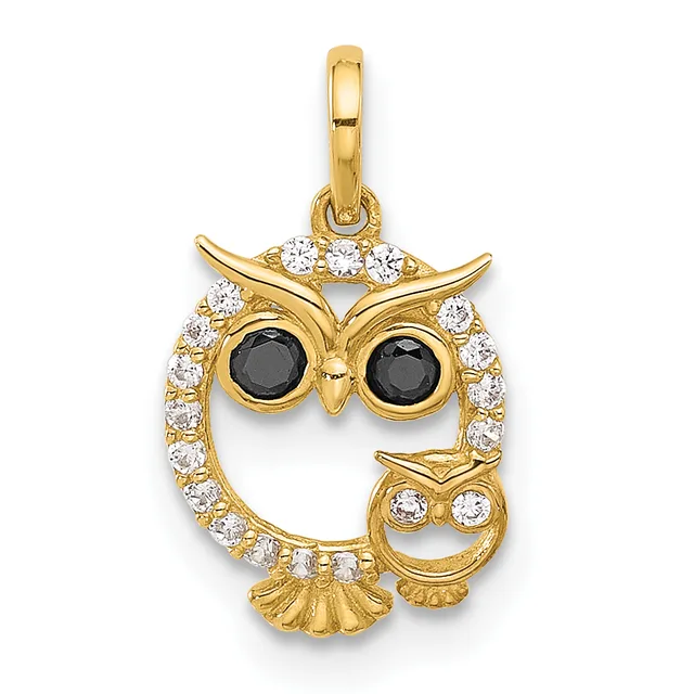 Gold owl pendant with black onyx eyes, white cubic zirconia stones set around the body and on the smaller owl charm hanging below, shown suspended from a bail loop.