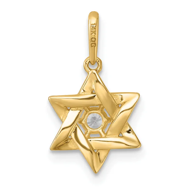 A gold six-pointed star pendant with a small round white stone in the center, hanging from a gold bail loop.
