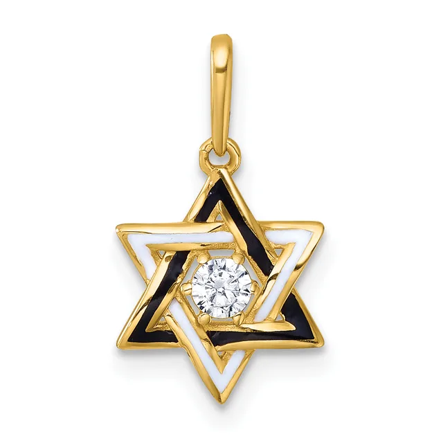 Gold Star of David pendant with a round diamond center, black enamel accents, and a bail loop at the top.