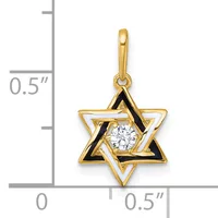 Gold Star of David pendant with black enamel overlay and a round white diamond in the center, shown next to a measurement scale.