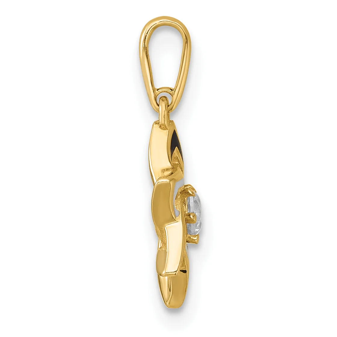 Gold pendant with an oval bail loop at top and a small oval diamond or cubic zirconia stone set in a bezel on the lower half, shown against a white background.
