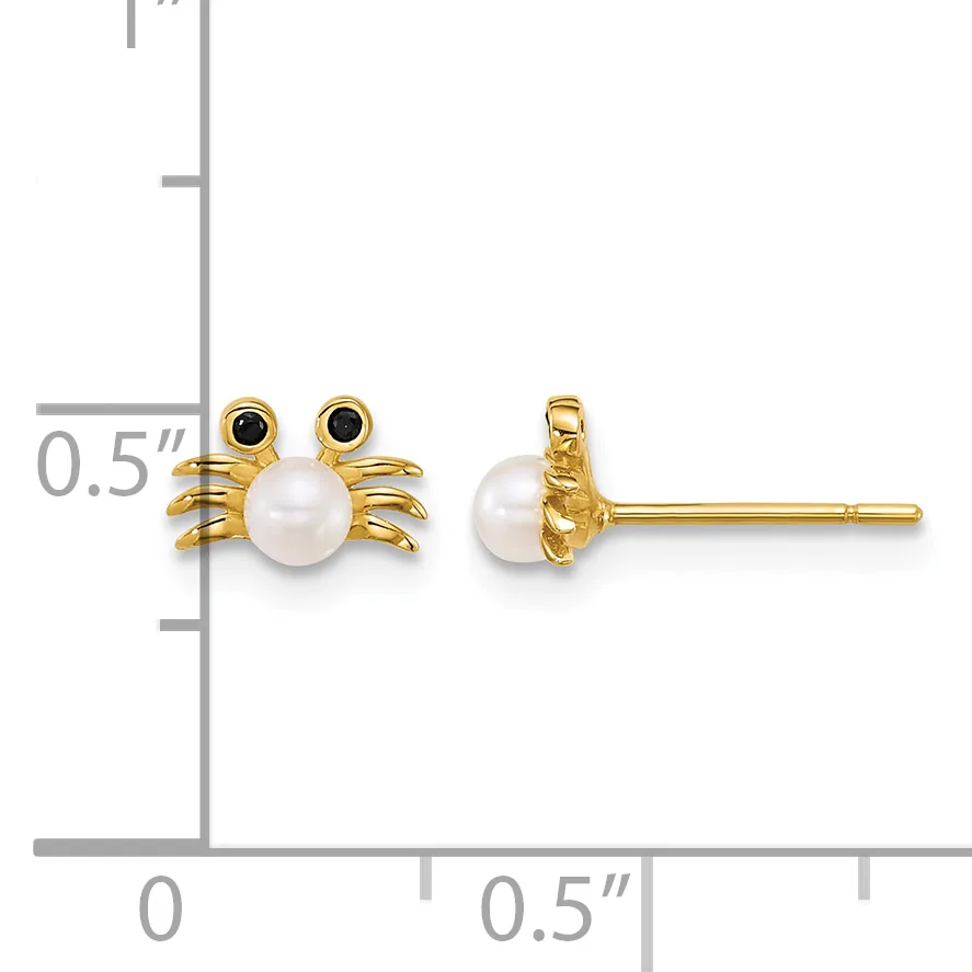 Gold-plated crab-shaped stud earrings with white pearl centers, shown from front and side views with a measurement scale indicating approximately 0.5 inches in size.