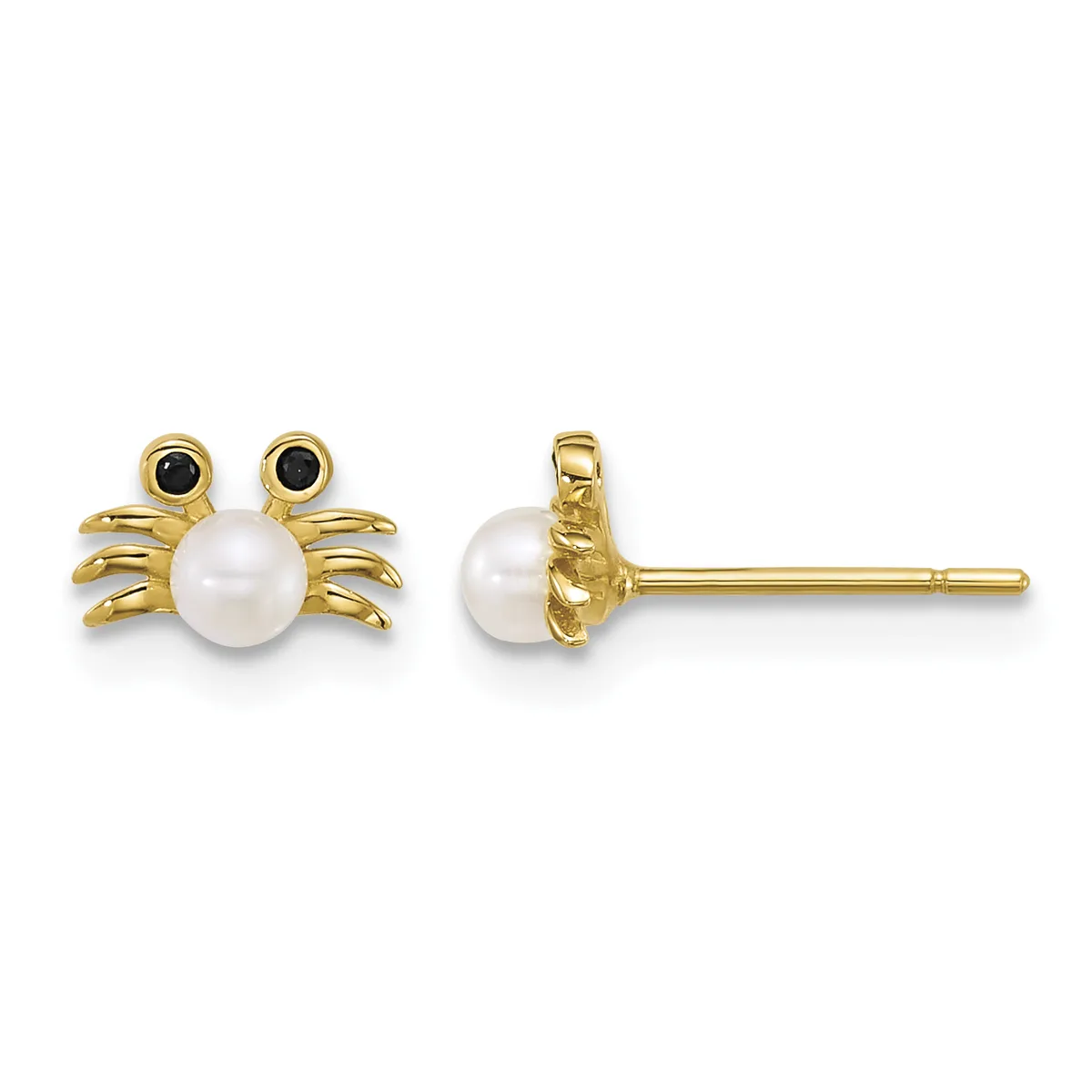 A pair of gold crab-shaped stud earrings with white pearl bodies, black onyx eyes, and textured gold legs, shown from front and side views.