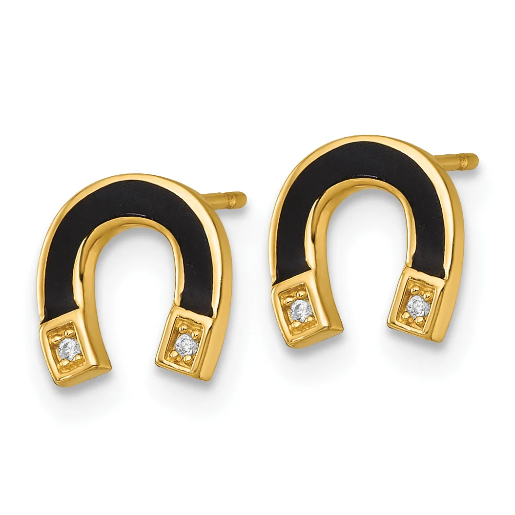 Pair of gold horseshoe stud earrings with black enamel coating and small diamond accents at the base, shown against a white background.