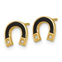 Pair of gold horseshoe stud earrings with black enamel coating and small diamond accents at the base, shown against a white background.