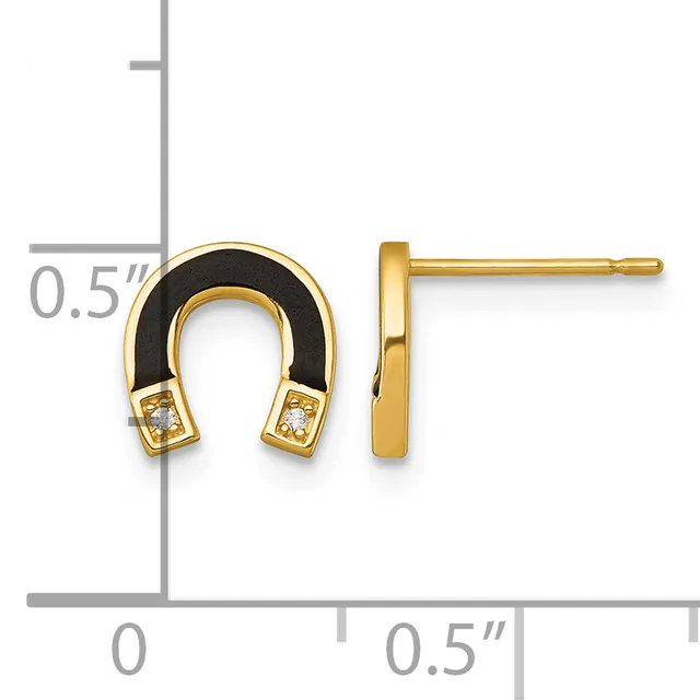 Gold horseshoe stud earrings with black enamel and diamond accents, shown front and side view on a measurement scale.