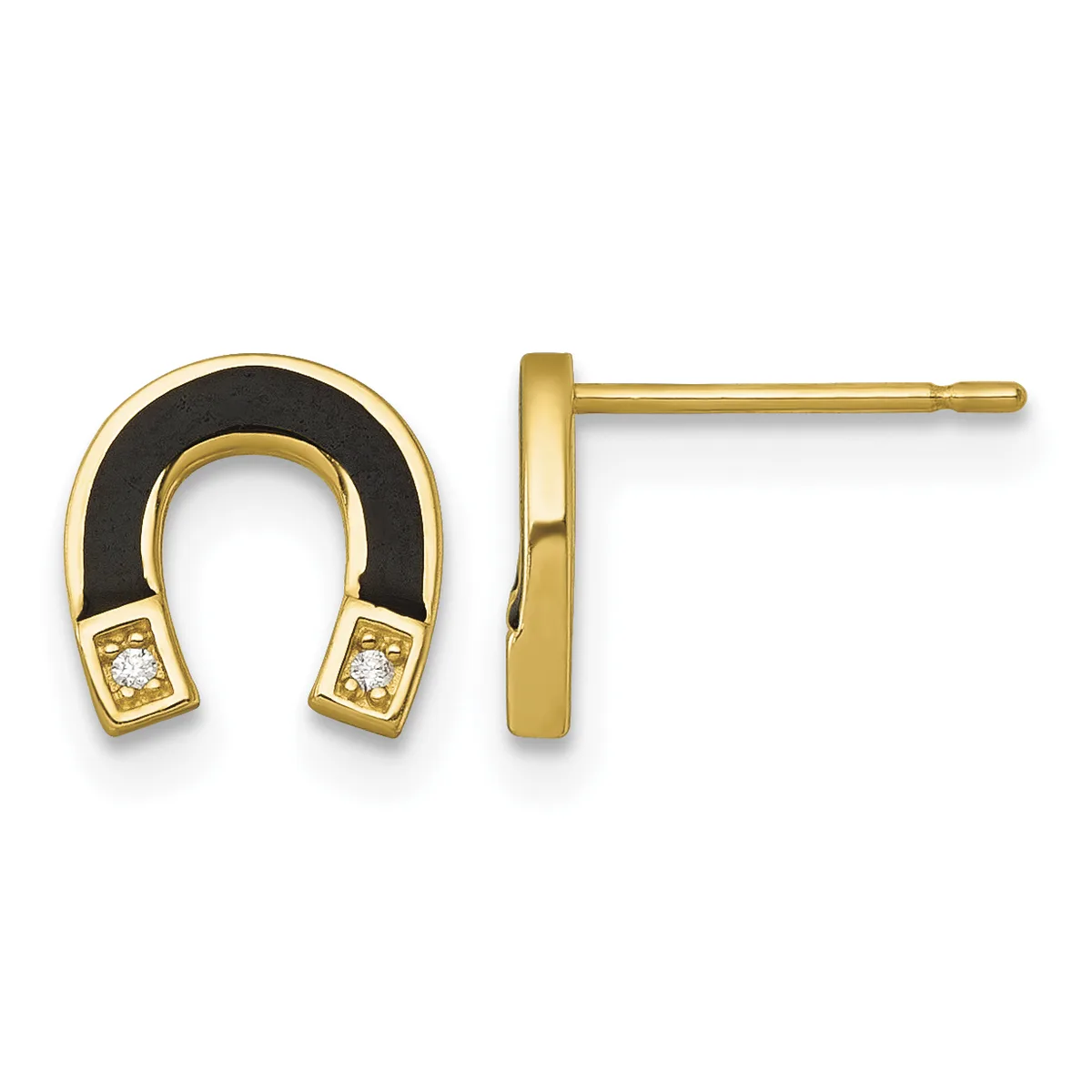 Pair of gold horseshoe stud earrings with black enamel and small diamond accents on the ends, shown from front and side views.