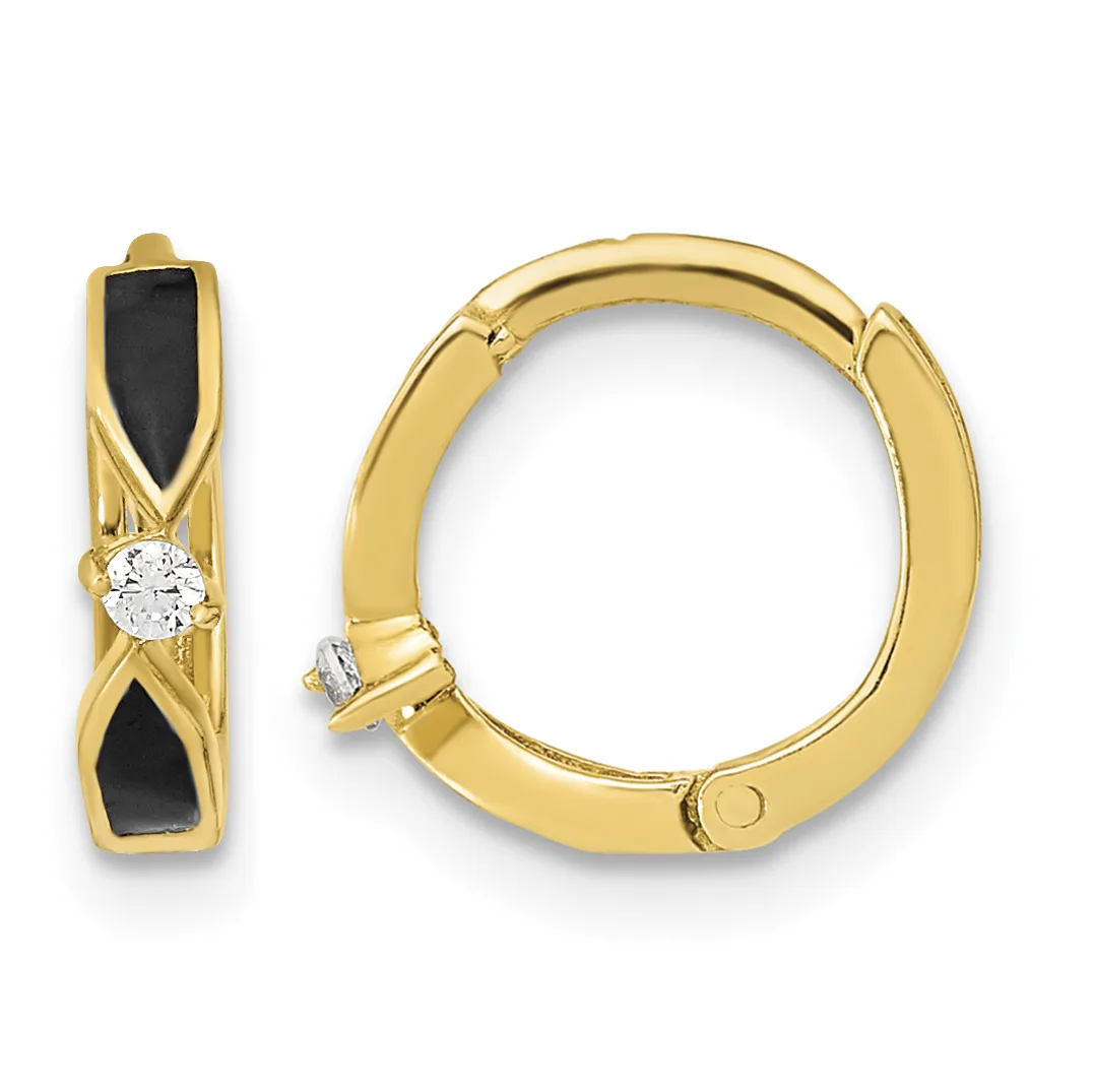 Pair of gold hoop earrings with black enamel inlay and round white stone accents, shown from front and side views.