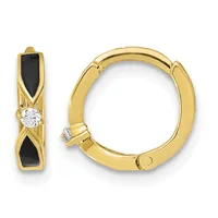 Pair of gold hoop earrings with black enamel inlay and round white stone accents, shown from front and side views.