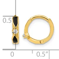 Gold hoop earrings with black onyx inlay and a round diamond accent, shown front and side view with measurement scale indicating approximately 0.5 inches in diameter.
