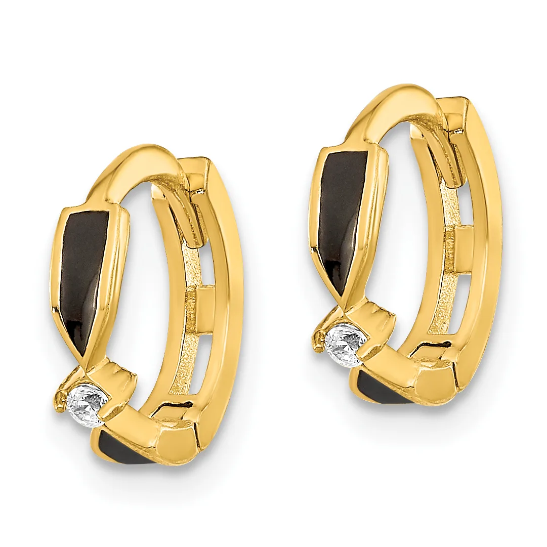 A pair of gold hoop earrings with black onyx inlay and round white diamond accents, shown from the front.