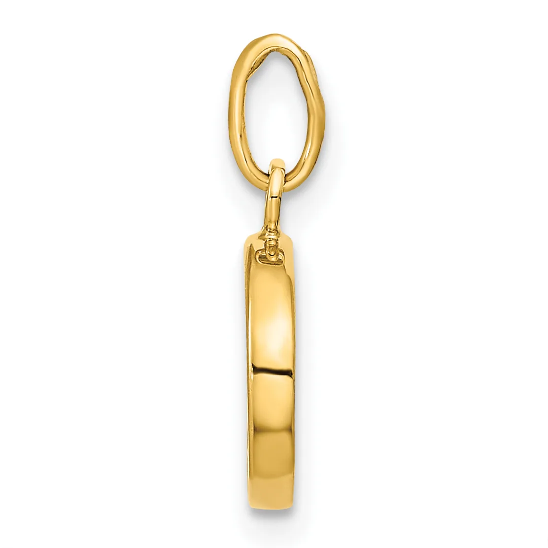 A polished gold cylindrical pendant with a small hallmark hangs from an oval gold loop against a white background.