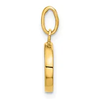 A polished gold cylindrical pendant with a small hallmark hangs from an oval gold loop against a white background.