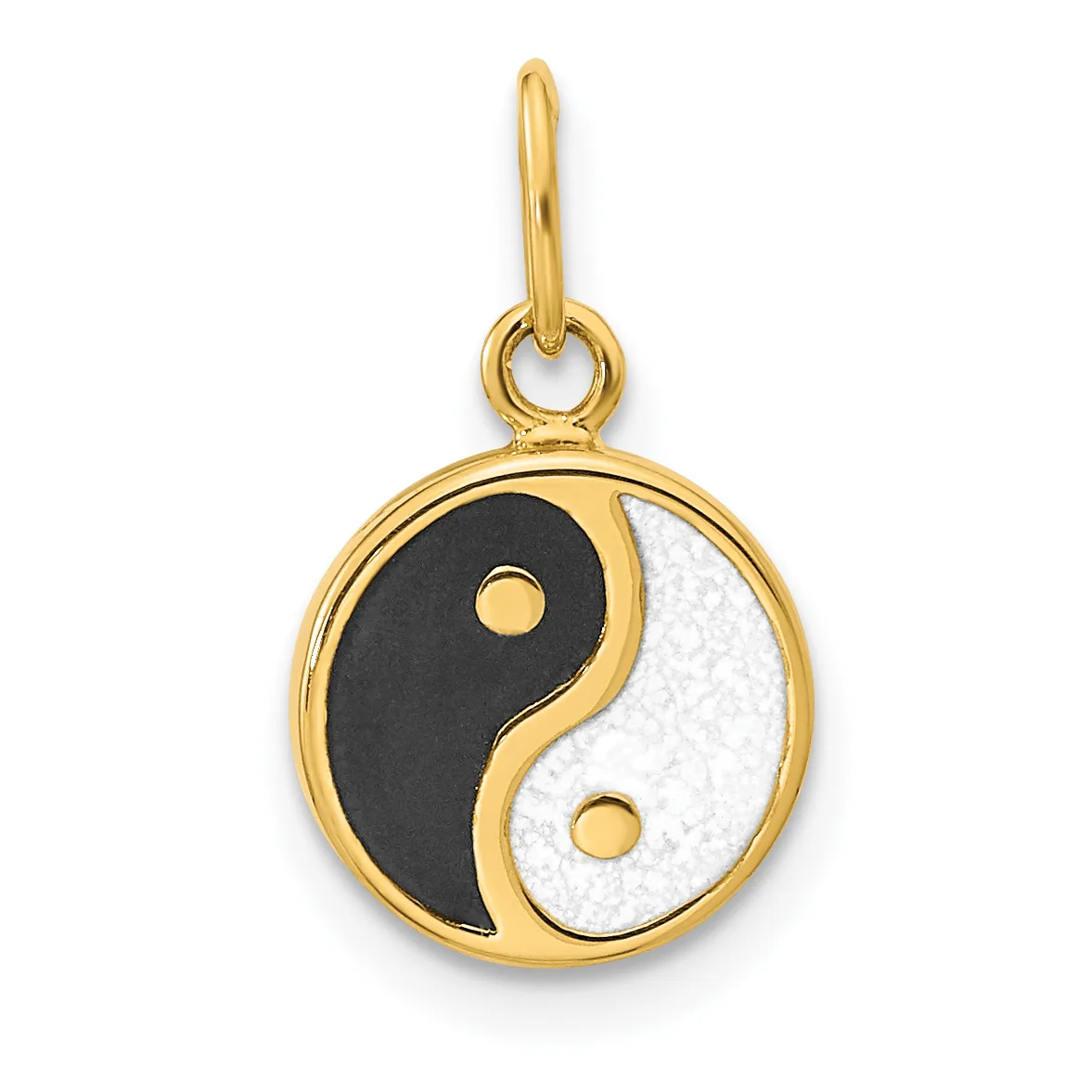 Gold-toned yin-yang pendant charm with black and white enamel halves and small gold dots, suspended from a gold loop.