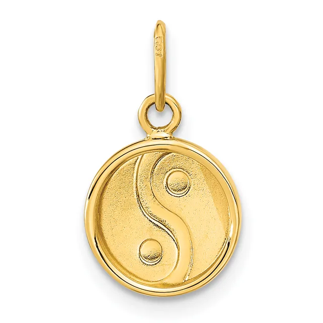 A gold circular pendant featuring a yin-yang symbol hangs from a gold bail loop against a white background.