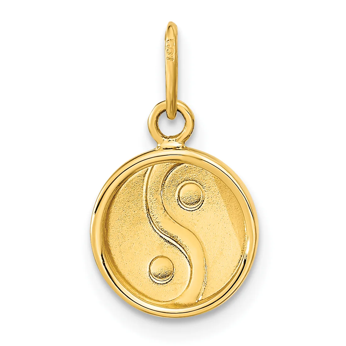A gold circular pendant featuring a yin-yang symbol hangs from a gold bail loop against a white background.