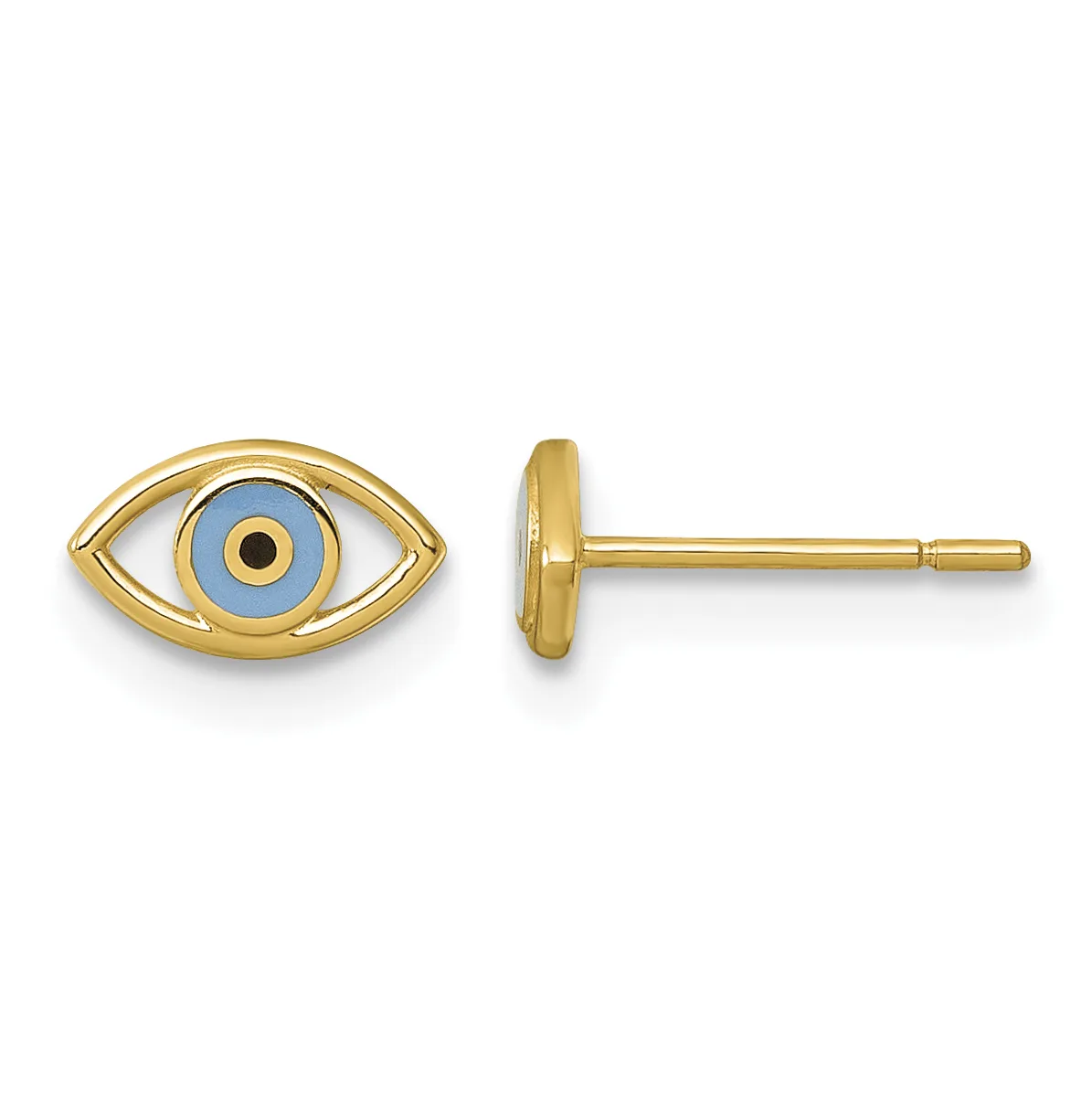 A pair of gold stud earrings shaped like eyes with blue enamel irises and gold pupils, shown from front and back views.